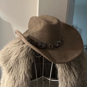 Elegant Tan Suede Hat with Silver Accents